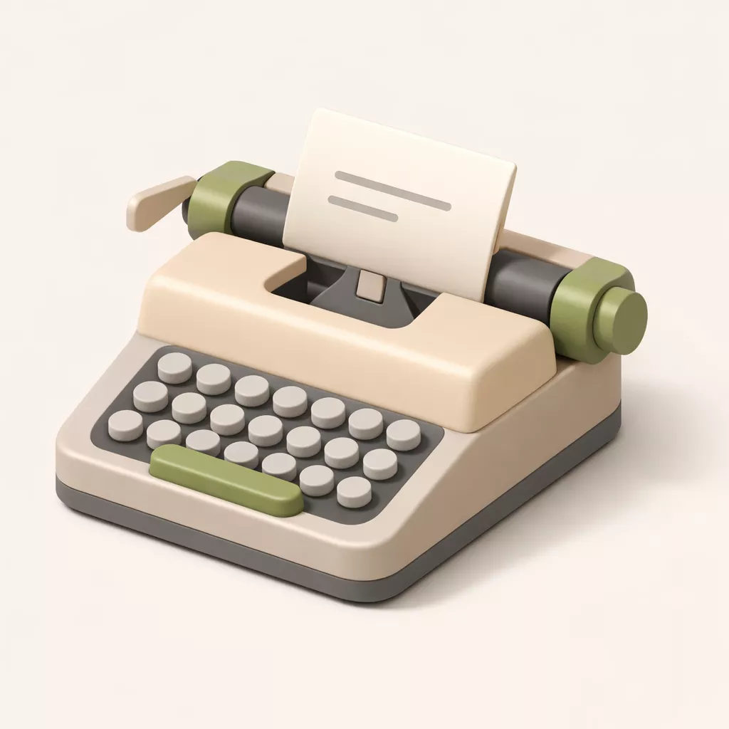 Minimalist 3D typewriter icon, isometric view with subtle perspective, smooth plastic texture, soft pastel color palette of beige, grey, and olive green. Soft diffused lighting, gentle shadows, cute and friendly aesthetic, modern digital 3D render, clean and high-quality.