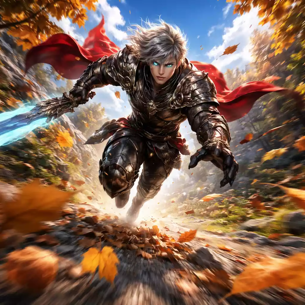 Game CG style, highly artistic, breathtaking, rich colors, overlaid shadows, close-up shot, ultra-high definition. Splashing fallen leaves, blurred foreground fallen leaves, motion blur, dynamic background blur, brilliant sunshine, blue sky and white clouds, interplay of light and shadow, low-angle close-up shot, emphasizing sense of speed and visual impact, strong perspective, original aspect ratio.